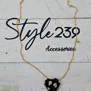 18kt Gold Plated Miyuki Gold Necklace with Black Heart Pendant